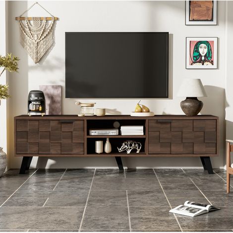 Meuble TV 160,5x35,5x45 cm bois en panneau de particules avec 2 portes, 2 niches ouvertes et charnières à amortissement (1/5)