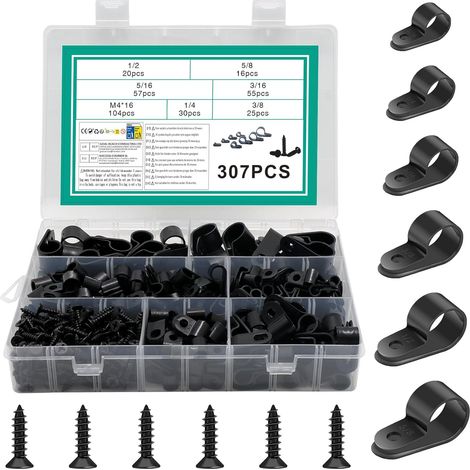 307 Pcs Attaches P Fixation Cable Electrique, Colliers pour Tuyaux Type R, colliers de serrage en nylon 6 tailles, serre-câbles P pour gestion des câbles et conduits électriques, 104 vis incluses (1/5)