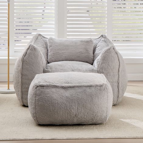 Pouf géant en fausse fourrure pour adultes et enfants, avec coussin et repose-pieds, idéal pour lire et jouer confortablement dans une chambre ou un salon. Gris. (1/5)