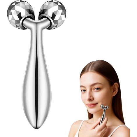 Rouleau de massage facial en métal pour femmes, outil de massage pour le visage, le cou, les yeux et le corps, soin de la peau, argent (1/5)