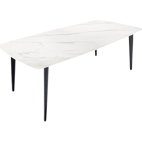 Esstisch HEXA 180 cm – Tischplatte aus Keramik in weißer Marmoroptik und Gestell aus schwarzem Metall