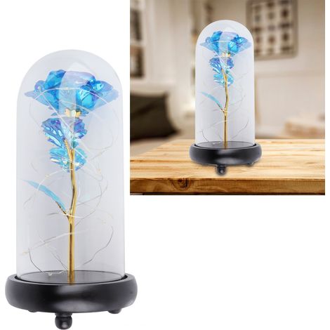 Lampe décorative en verre sous dôme, ornée d'une fleur préservée et d'une feuille d'or rose découpée au laser. Idéale pour la Saint-Valentin et la Fête des Mères. (1/5)