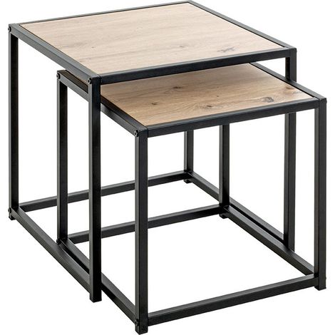 Lot de 2 tables d'appoints en bois chêne et métal noir (1/4)