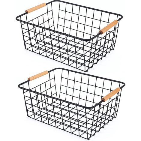 Paniers de rangement en fil métallique avec poignée en bois, pour cuisine et chambre, noirs, lot de 2 (1/5)