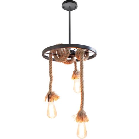Wottes – Lustre suspension industrielle rétro en corde de chanvre – Lampe à suspension 3 lumières E27 Ø35cm noir – Design créatif pour salon et bar