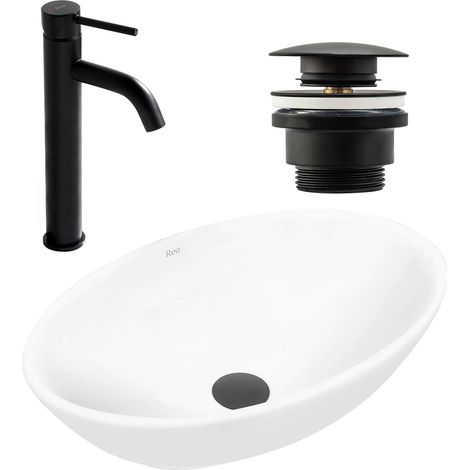 REA SET VON AUFSATZWASCHBECKEN PAMELA WHITE + WASCHBECKENARMATUR LUNGO BLACK MATT + STÖPSEL BLACK MATT