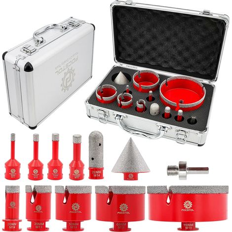 Foret Diamant Kit Trepan Carrelage Scie Cloche Diamantée pour Porcelaine Carrelage Marbre Granit 12 pièces (6/8/10/12/20/35/50/68/110mm+20mm Fraise+50mm Mèches Chanfrein+Adaptateur) (1/5)