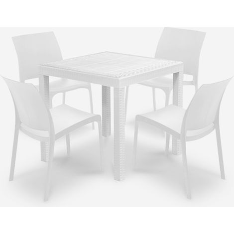 Salon de jardin table 80x80cm rotin + 4 chaises blanches Nisida Light