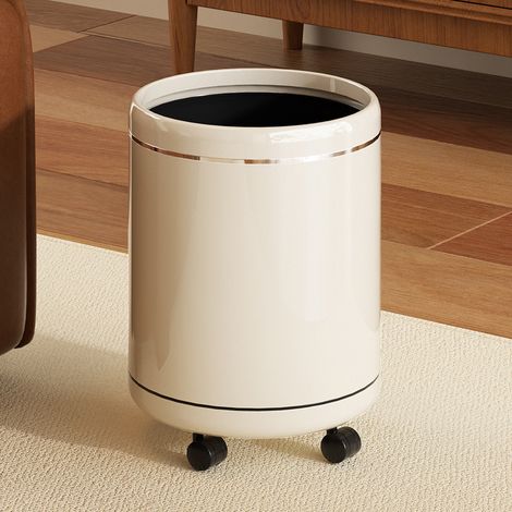Poubelle cylindrique sans couvercle sur roulettes mobiles couleur crème brillante, 12L plastique haute esthétique multifonction bac de rangement, corbeille à papier design luxe pour salon, chambre, sa (1/4)