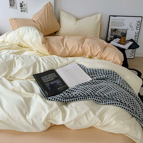 Parure de Lit en Coton Lavé Doux A4, Housse de Couette 200x230 cm avec Drap-Housse et Taies d'Oreiller, Style Uni Couleur Fromage au Thé au Lait, Literie Étudiante pour Lit 1.8m