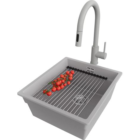 PRIMAGRAN Evier Cuisine en Granit 41x47cm, Lavabo 1 bac + Robinet 40x20cm + Kit de Vidage + Accessoire, Évier à Encastrer au meuble 45cm - Prague Slim, Gris (1/5)