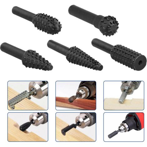 royaluxe -Lime rotative pour le travail du bois Tête de ponçage rotative électrique Lime à bois Couteau à sculpter Plateau à thé Tête de ponçage pour la sculpture des racines-Noir, 5pcs (1/5)