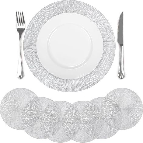 Kindfiber OÜ-Lot de 6 Sets de Table Argenté Ronde de Feu Artificiel, Dessous de Table Antidérapants en Vinyle Creuse, pour Salle à Manger Décor 38cm (1/5)
