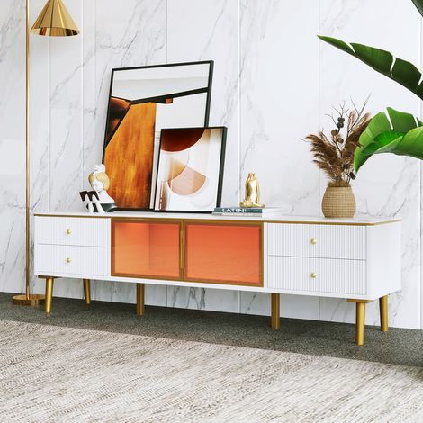 Meuble TV scandinave 170cm avec LED - 4 tiroirs - placage à motif en marbre - Blanc (1/5)
