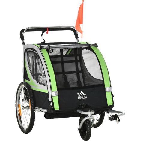 Beyamis 2-in-1 Kinderfahrradanhänger und Kinderwagen mit Gurt, Taschen und Fahne, Grün