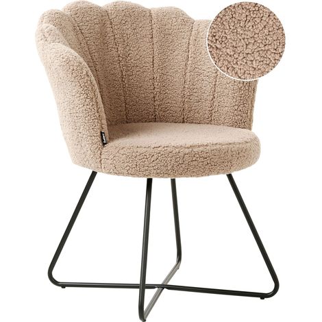 Chair Beige Boucle Upholstery Shell Back Vintage Classic Design Black Metal Frame LOVELOCK (1/5)