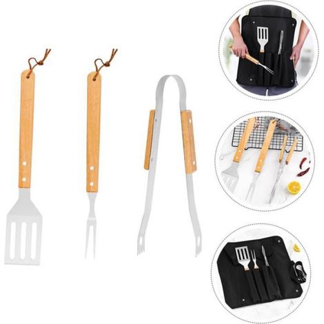 Kit Barbecue - Ustensiles Acier Inoxydable - Manches Bois - Sac Rangement Inclus - Pour Jardin Camping Extérieur - Lot de 5 (1/5)