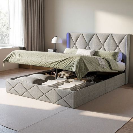 Doppelbett 160x200 - Matelassé - Kopfteil mit LED-Nachttisch - Grau - Zeitgenössisches Design