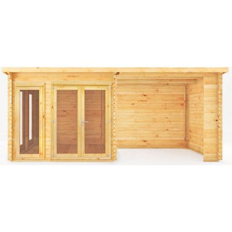 6 x 3 m Studio Pent Log Cabin with Patio Area - 28 mm - Timber - L333.5 x W590.6 x H249.4 cm - Brown