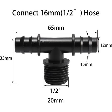 Raccord en T de 1/2 pouce vers 16 mm (2 pièces) - Connecteur de tuyau PE 16 mm pour micro-irrigation goutte à goutte, système d'arrosage automatique, coude et bouchon. (1/5)