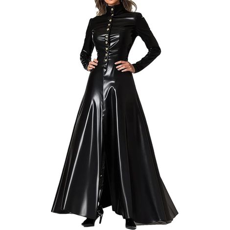 Robe longue de printemps pour femme, col haut, en cuir PU, noir, manches longues, boutons, coupe ajustée, élégante robe trapèze (1/4)