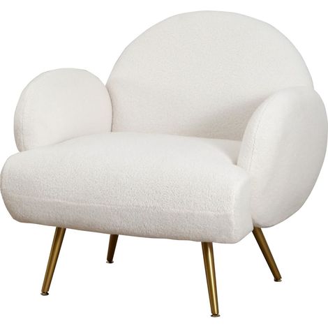 Fauteuil d'appoint blanc en tissu teddy, dossier rond, accoudoirs, pieds métalliques dorés, salon chambre balcon (1/5)