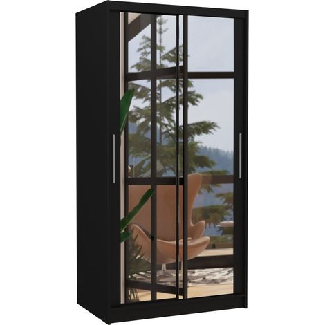 Petite armoire de chambre noir 2 portes coulissantes avec miroir Niko 100cm (1/5)