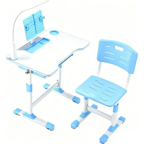 Children's study desk – Adjustable height – Tiltable top – USB desk lamp included – Blue/white (1/5)
