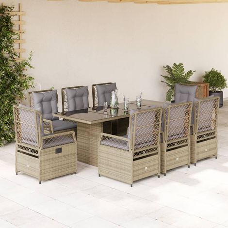 Set comedor de jardín 9 pzas con cojines ratán sintético beige vidaXL (1/5)
