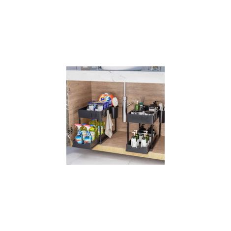 Organizzatore da cucina sottolavello, a 2 livelli, con 5 ganci e 1 lavello sospeso, per riporre e organizzare gli utensili da cucina, nero (1 pz) - Crezuo
