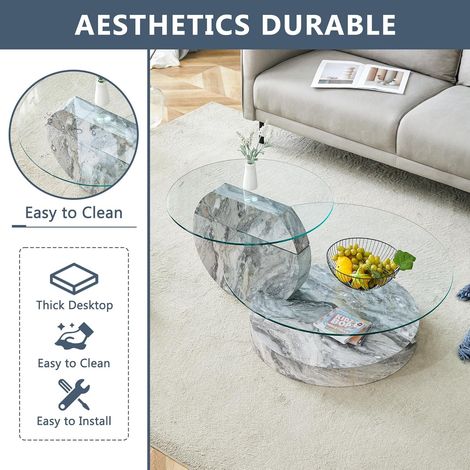 Table basse minimaliste moderne à deux niveaux en verre de sécurité, design à plusieurs niveaux, structure de support en MDF de revêtements à texture marbre gris (1/5)