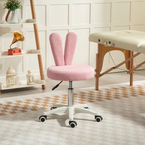 Chaise de bureau à oreilles de lapin réglable en hauteur avec revêtement en polaire rose à motif ours en peluche. 53 x 53 x 70-84 cm.