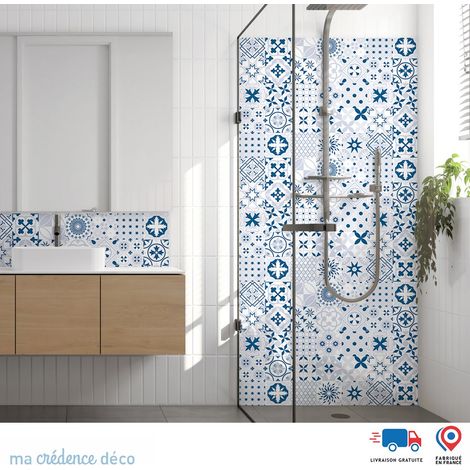 Panneau de douche : Carreaux ciment gris 1 - Couleur Bleu signal - Alu composite - 90 - 245 (1/3)