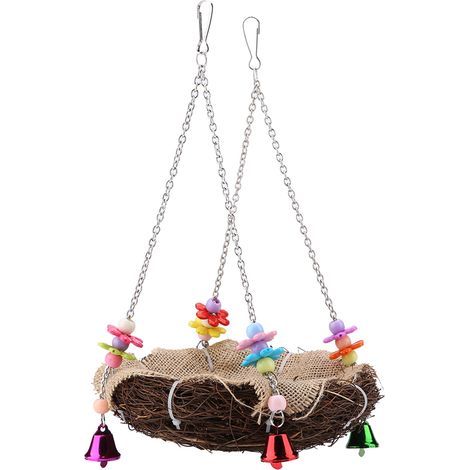 Nid en rotin Nid d'oiseau suspendu Jouet avec cloches Oiseau Swing Debout Perche Jouet Cage Hamac(L) (1/5)