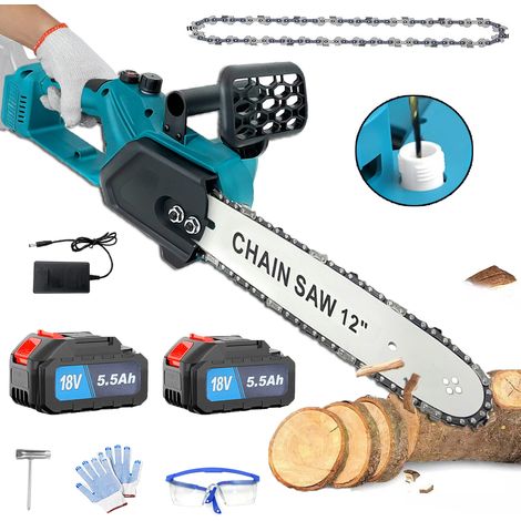 Motoseghe senza fili, motosega brushless da 12" per impieghi gravosi, sega elettrica a una mano, taglialegna, con 2 catene, 2 batterie da 5,5 A + caricabatterie, compatibile con batteria Makita