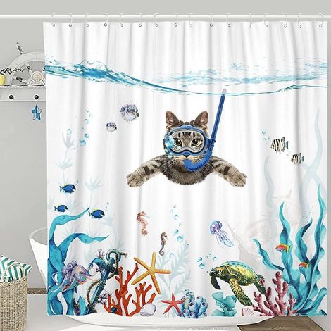 Duschvorhang 180 x 180 cm, Ozeankatzen-Print, wasserdicht, waschbar, rutschfest, schnelltrocknendes Polyestergewebe, Badezimmeraccessoire mit 12 Haken (1/5)