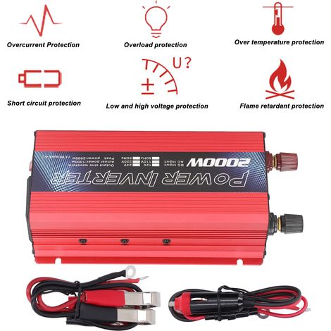 Convertisseur de puissance 2000 W CC 12 V vers CA 220 V/110 V, convertisseur solaire extérieur pour voiture, rouge 110 V (1/5)