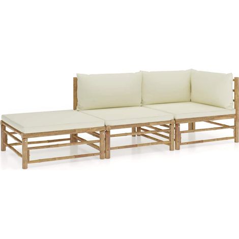 Salon de jardin 3 pcs Ensemble Table et Chaise de Jardin - avec coussins blanc crème Bambou BV540788 - BonneVie (1/5)