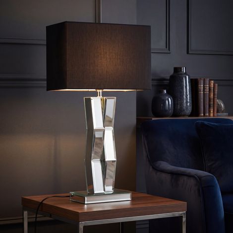 Tischlampe Schwarz 60 cm hoch Spiegelglas Stoff Metall E27 Nachttischlampe Tischleuchte