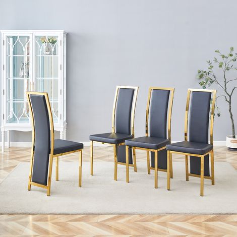 Lot de 4 chaises design scandinave pour salle à manger, piètement métallique laiton brossé, assise et dossier en similicuir noir élégant, hauteur 109 cm, idéales pour cuisine, salon ou espace de trava (1/5)