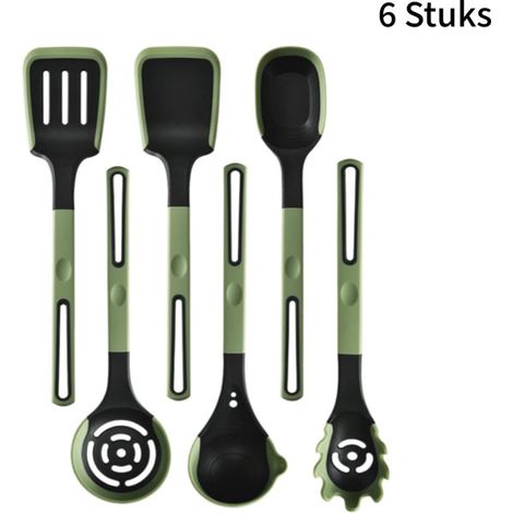 Ensemble de 6 ustensiles de cuisine en silicone - avec poignée antidérapante - résistant à la chaleur - pour la cuisine quotidienne - noir-vert (1/5)