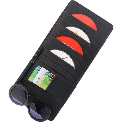 Organisateur de pare-soleil pour CD et DVD, étui de rangement en cuir pour voiture, poches de rangement pour cartes de crédit, porte-lunettes de soleil et porte-stylo. (1/5)