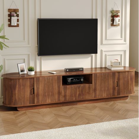 Mueble bajo TV (200x40x50 cm), con puertas correderas, estructura ondulada 3D, MDF y tablero de partículas, nogal (1/5)