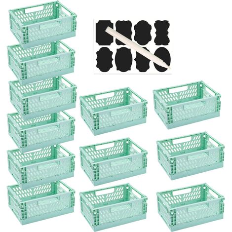 Lot de 12 mini Boîtes de Rangement Pliables avec étiquettes et Stylos 15×9.7×6 cm,Petit Paniers de Rangement Pliables avec Poignées,Empilables pour Cuisine,Bureau et Tiroirs (Vert) (1/5)