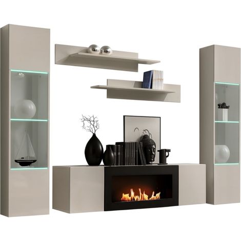 Wandkomposition FLY Kaschmir mit teilweise verglasten Vitrinen, Bio-Ethanol-Kamin und LED