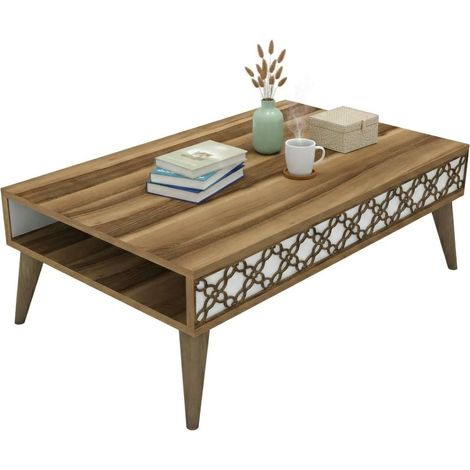 Dmora - Tavolino da salotto Paz, Tavolo basso da caffè, Portariviste per divano, Ripiano da soggiorno, 105x60h37 cm, Noce e Bianco