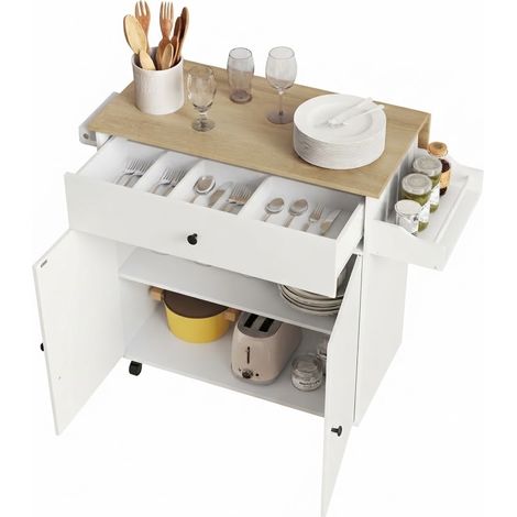ELVMI Carrito de Cocina con 2 Puertas, Cajón, Estante Ajustable, Encimera Plegable y Ruedas, 106 x 42 x 87 cm (1/5)