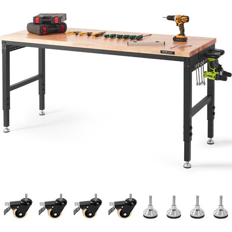VEVOR Escritorio para computadora portátil, 72 x 25 pulgadas, altura ajustable de 28 a 39,5 pulgadas, mesa utilitaria para el hogar/oficina, capacidad de carga de 3000 libras, enchufes, tapa de madera