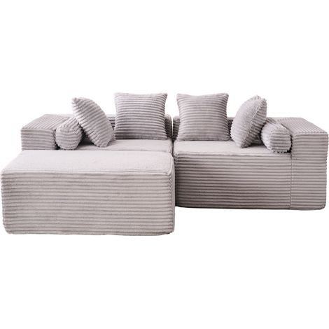 Divano modulare angolare a L in tessuto ciniglia grigio con chaise longue, 3 moduli, senza montaggio (1/5)