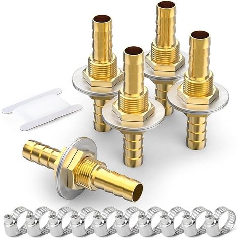 5 Pièces Brass Hose Barb Thru-Bulk Bulkhead Fitting 6mm to 6mm Barb Hose, Straight Hex Union Fitting with 10 Pièces Hose Clamp (1/5)